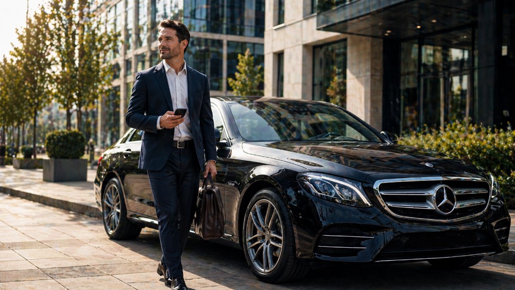 Professional beside Mercedes-Benz in city office setting